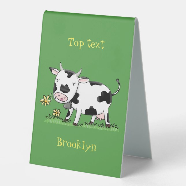 Cute cow in green field cartoon illustration table tent (Front)