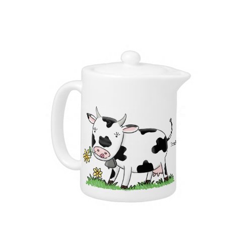 Cute cow in green field cartoon illustration teapot