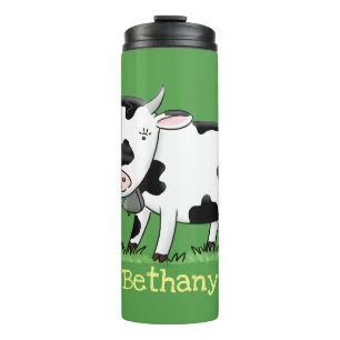 Cute cow in green field cartoon illustration thermal tumbler