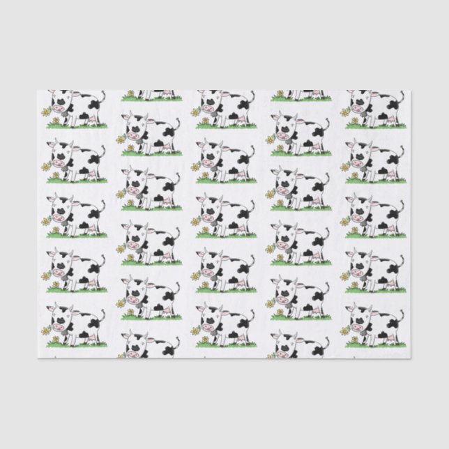Cute cow in green field cartoon illustration tissue paper (Front)