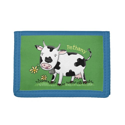 Cute cow in green field cartoon illustration trifold wallet
