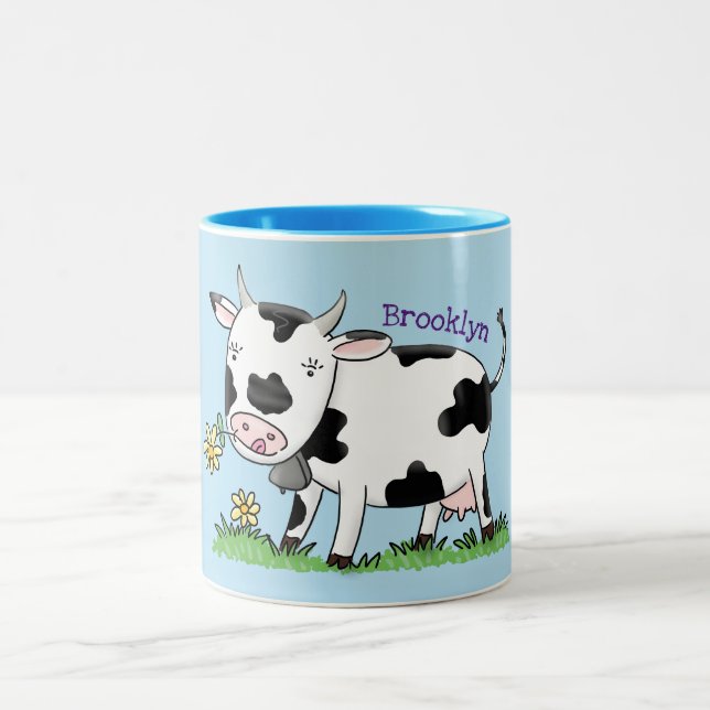 Cute cow in green field cartoon illustration Two-Tone coffee mug (Center)