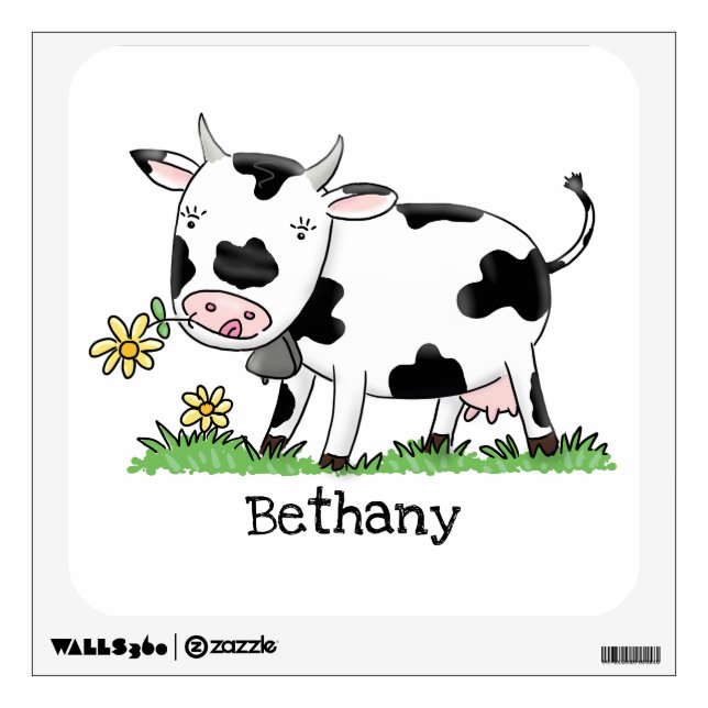 Cute cow in green field cartoon illustration wall decal (Front)
