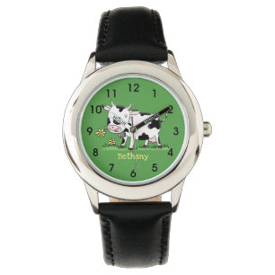 Cute cow in green field cartoon illustration watch