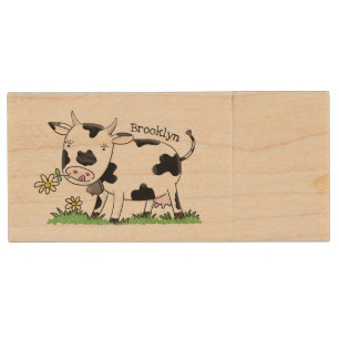 Cute cow in green field cartoon illustration wood flash drive