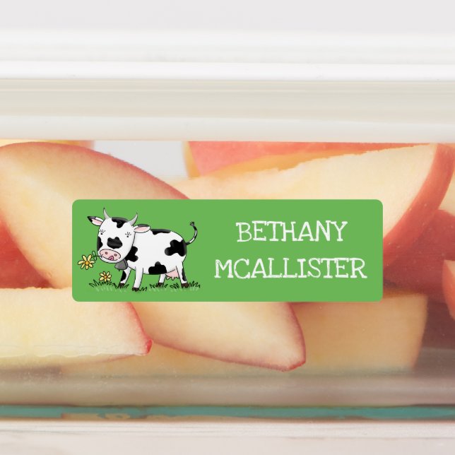 Cute cow in green field cartoon personalized labels (Affixed)