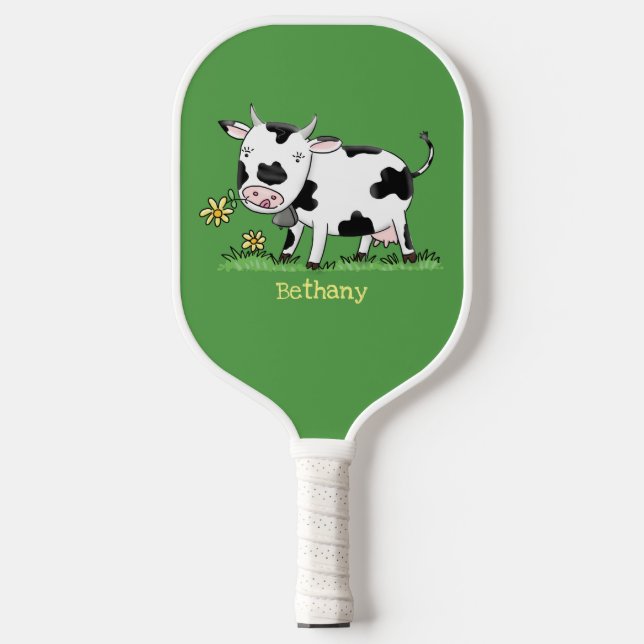 Cute cow in green field cartoon personalized  pickleball paddle (Front)