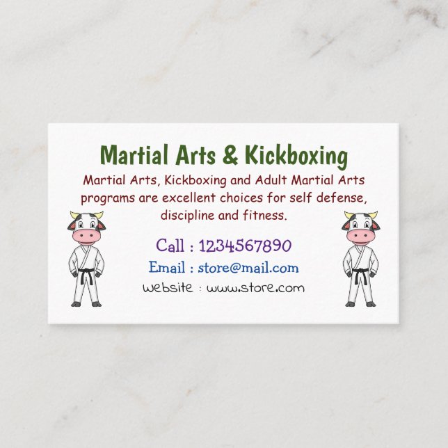 Cute cow in kung fu suit cartoon business card (Front)