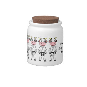 Cute cow in kung fu suit cartoon candy jar