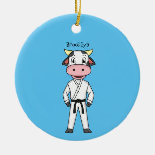Cute cow in kung fu suit cartoon ceramic ornament