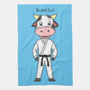 Cute cow in kung fu suit cartoon kitchen towel