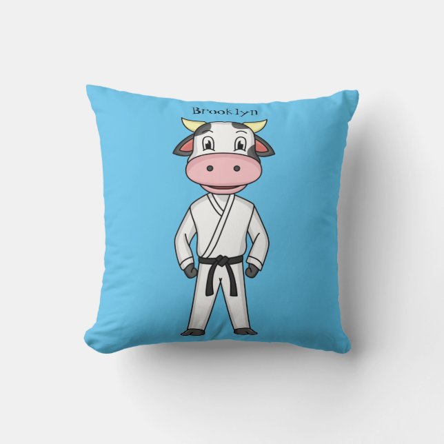 Cute cow in kung fu suit cartoon  throw pillow (Front)