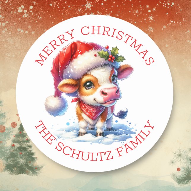 Cute Cow in Santa Hat Personalized Christmas Classic Round Sticker (Creator Uploaded)