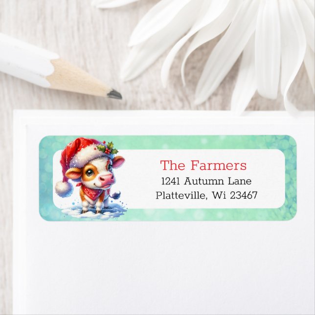 Cute Cow in Santa Hat Personalized Christmas Label (Insitu)