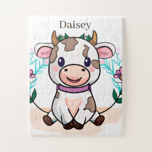 cute cow lovers add name girls jigsaw puzzle