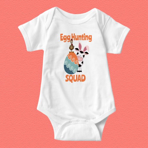 Cute Cow n Rooster Egg Hunting Squad Farm Easter Baby Bodysuit