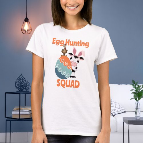 Cute Cow n Rooster Egg Hunting Squad Farm Easter T_Shirt