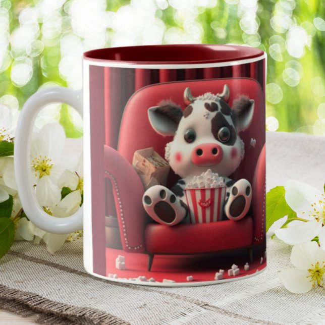 Cute Cow on Red Sofa Eating Popcorn  Two-Tone Coffee Mug (Creator Uploaded)
