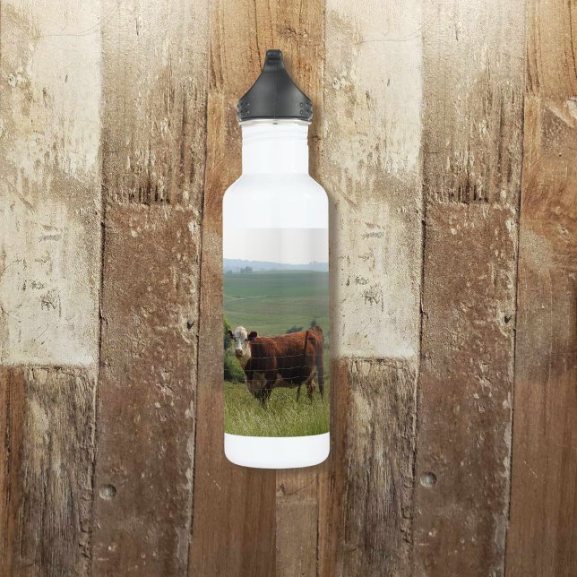 Cute Cow on the Farm with Pretty Background Stainless Steel Water Bottle (Creator Uploaded)
