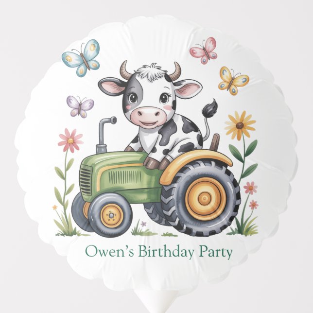 Cute Cow on Tractor Boy Birthday Party Balloon (Front)