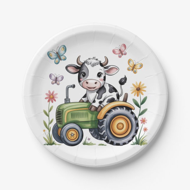 Cute Cow on Tractor Boy Birthday Party Paper Plates (Front)
