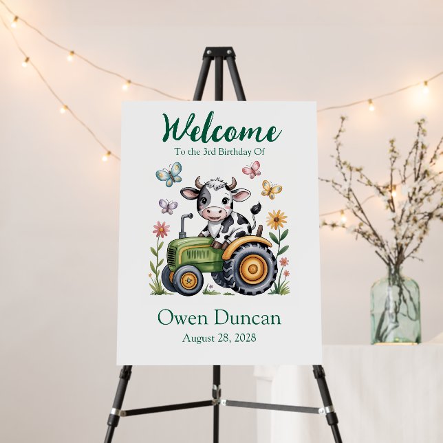 Cute Cow on Tractor Boy Birthday Welcome Sign (In Situ (Stand))