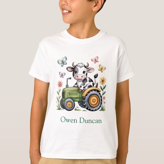 Cute Cow on Tractor Boy Gift T-Shirt (Front)