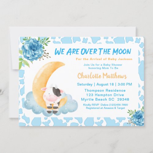 Cute Cow Over The Moon Blue Baby Shower   Invitati Invitation
