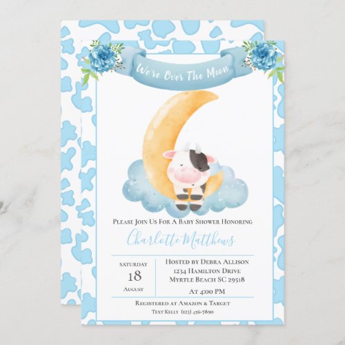 Cute Cow Over The Moon Blue Baby Shower   Invitation