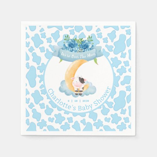Cute Cow Over The Moon Blue Baby Shower   Napkins
