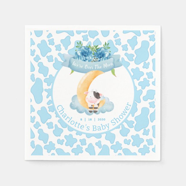 Cute Cow Over The Moon Blue Baby Shower   Napkins (Front)