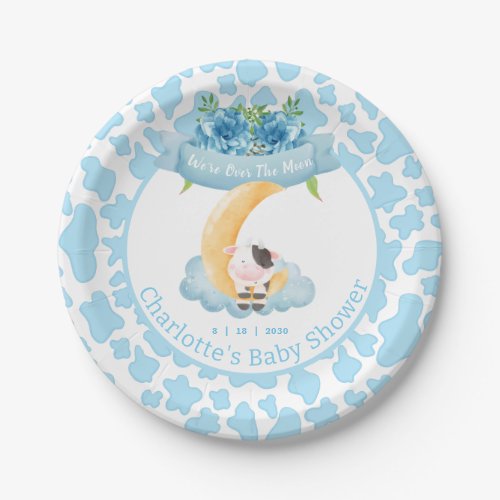 Cute Cow Over The Moon Blue Baby Shower  Paper Plates