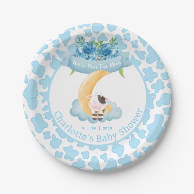Cute Cow Over The Moon Blue Baby Shower  Paper Plates (Front)