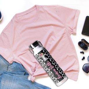 Cute Cow Pattern Pink Tropical Hibiscus Name Water Bottle