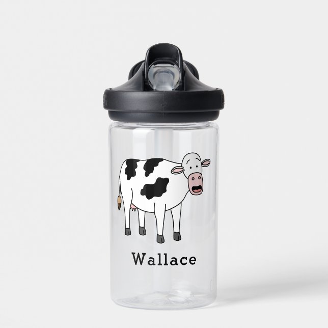 Cute Cow Personalized Custom Name Back To School Water Bottle (Front)