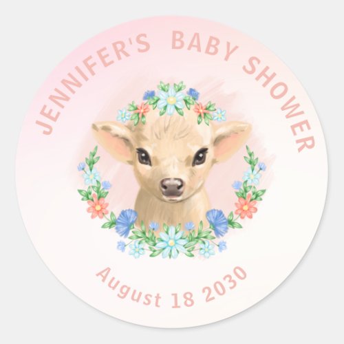 Cute Cow Pink Floral Baby Shower Classic Round Sticker