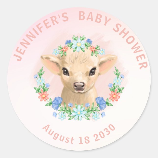 Cute Cow Pink Floral Baby Shower Classic Round Sticker (Front)