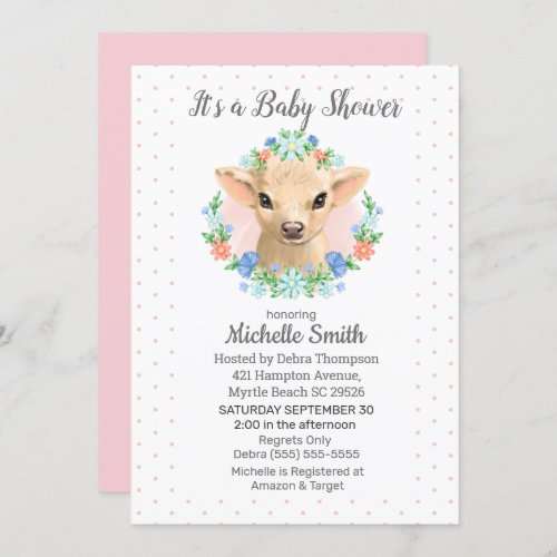 Cute Cow Pink Girls Floral Baby Shower  Invitation