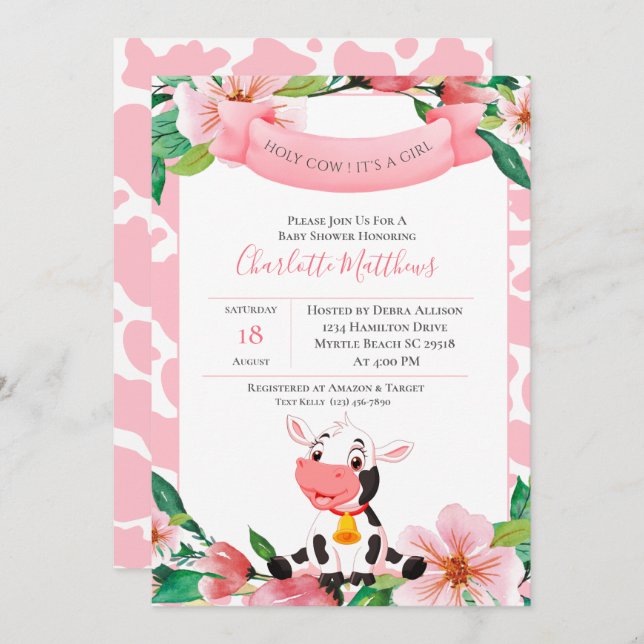 Cute Cow Pink Watercolor Floral  Baby Shower   Invitation (Front/Back)