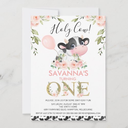 Cute Cow Print Holy Cow Floral 1st Birthday Invitation