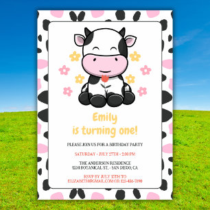 Cute Cow Print Pink & Black Girly Birthday Party Invitation
