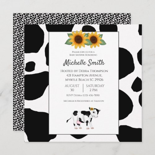 Cute Cow Print Sunflower Baby Shower Invitations