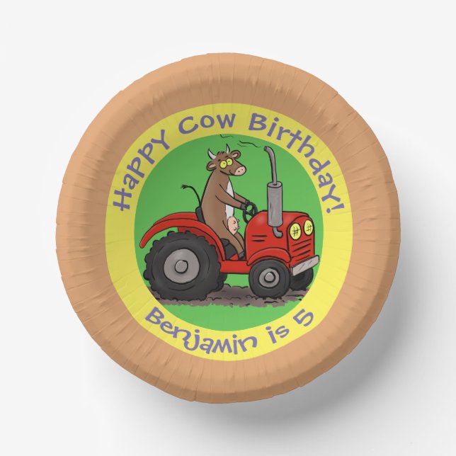 Cute cow riding tractor birthday greeting cartoon paper bowls (Front)