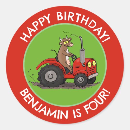 Cute cow riding tractor personalised birthday classic round sticker