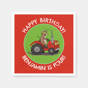 Cute cow riding tractor personalised birthday napkins