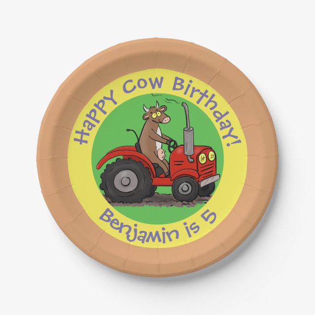 Cute cow riding tractor personalised birthday paper plates (Front)