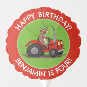 Cute cow riding tractor personalized birthday balloon