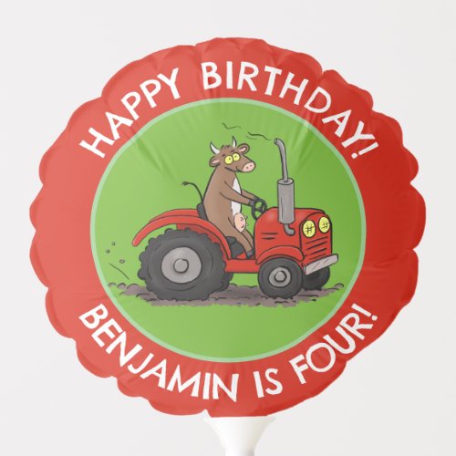 Cute cow riding tractor personalized birthday balloon