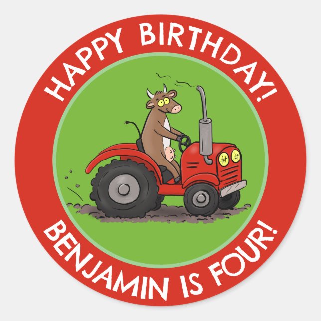 Cute cow riding tractor personalized birthday classic round sticker (Front)