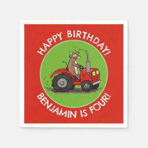 Cute cow riding tractor personalized birthday napkins